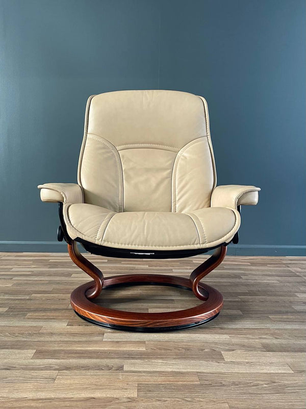 Ekornes Stressless Beige Leather Reclining Swivel Lounge Chair with Ottoman