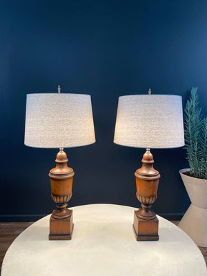 Pair of Vintage Neoclassical Carved & Painted Wood Lamps