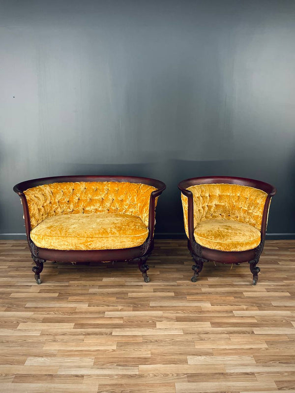 Set of Antique Victorian Empire Style Mahogany Loveseat & Arm Chair, c.1920’s