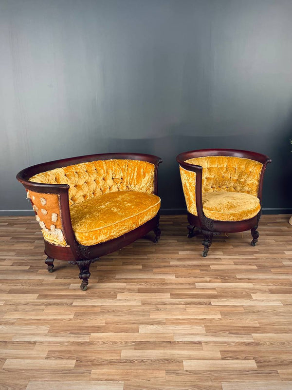 Set of Antique Victorian Empire Style Mahogany Loveseat & Arm Chair, c.1920’s