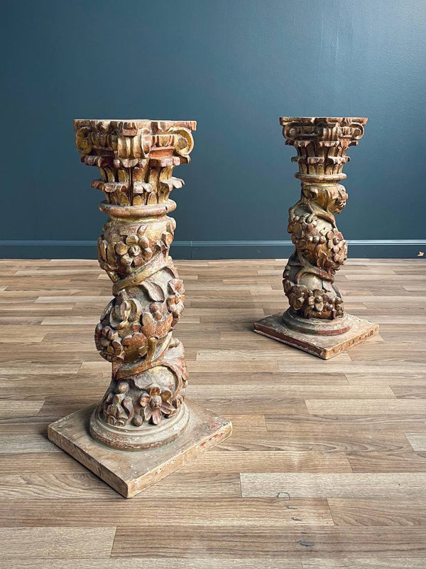 Pair of Italian Rococo Painted and Parcel Gilt Columns, c.1920’s