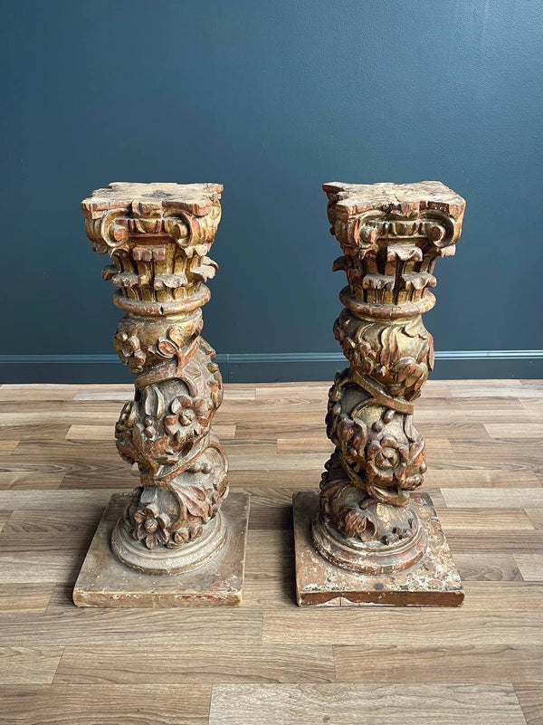 Pair of Italian Rococo Painted and Parcel Gilt Columns, c.1920’s