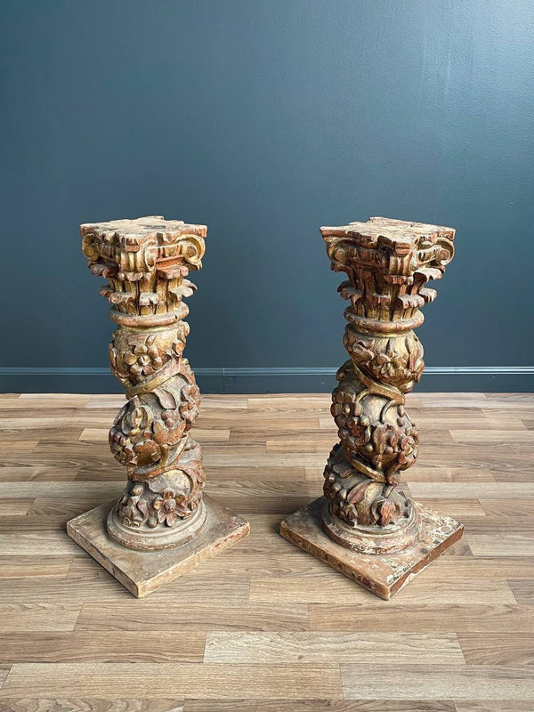 Pair of Italian Rococo Painted and Parcel Gilt Columns, c.1920’s