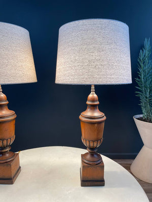 Pair of Vintage Neoclassical Carved & Painted Wood Lamps