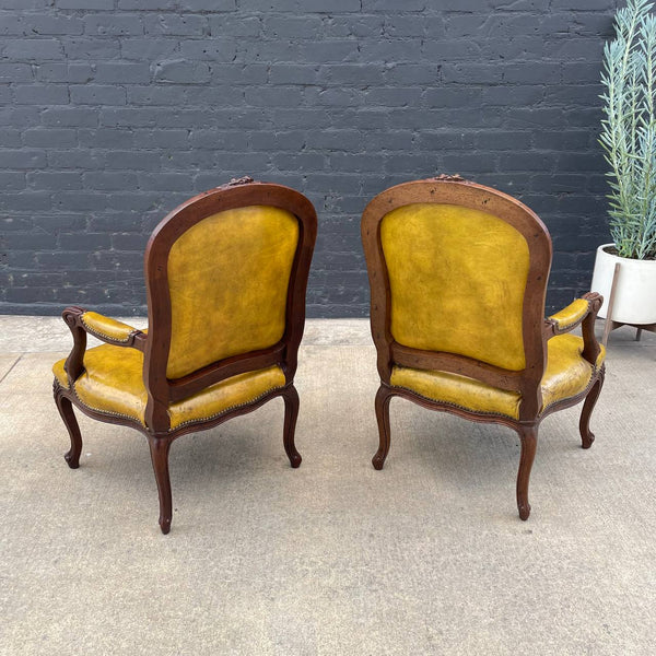 Pair of French Antique Style Carved Arm & Original Leather Lounge Chairs, c.1950’s