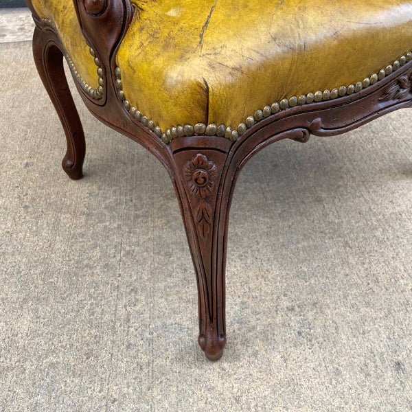 Pair of French Antique Style Carved Arm & Original Leather Lounge Chairs, c.1950’s