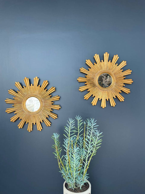 Pair of Italian-Style Gilt-Wood Sunburst Mirrors Modern Farmhouse