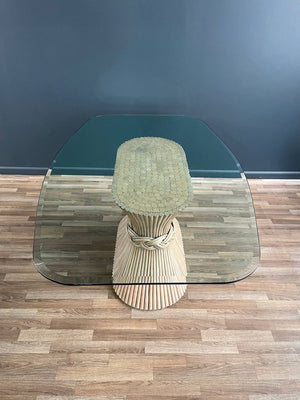 Signed Vintage Farmhouse Rattan Sheaf of Wheat Dining Table with Glass Top by McGuire