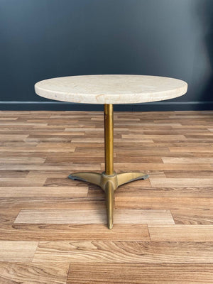 Mid-Century Modern Travertine & Tripod Brass Side Table, c.1950’s