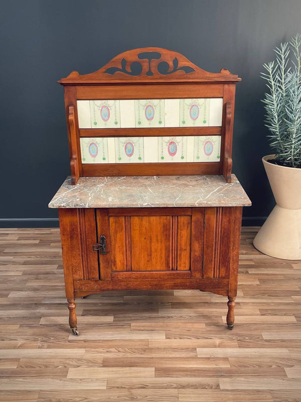 English Antique Marble Top Console Entry Cabinet, c.1920’s