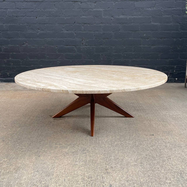 Mid-Century Modern Sculpted Walnut Coffee Table with Travertine Top, c.1960’s