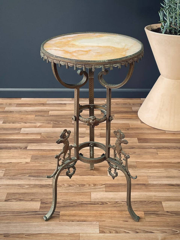 Antique Victorian Style End Table with Angel Motifs & Stone Top, c.1920’s