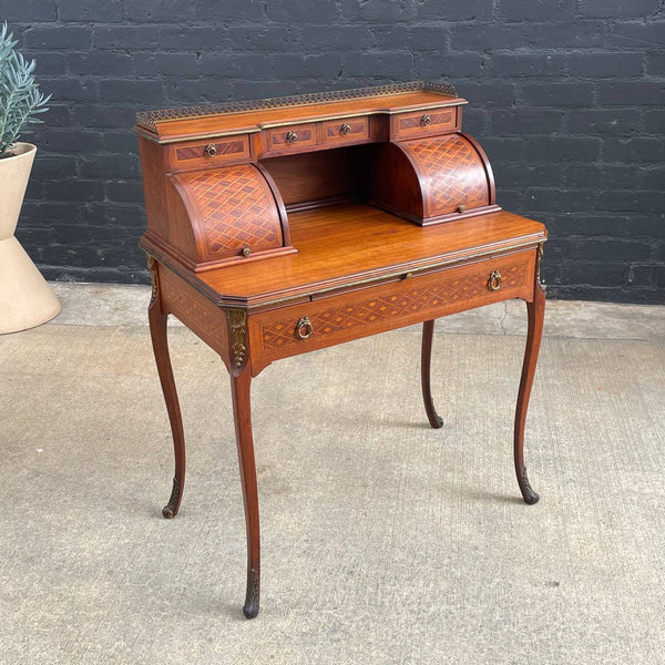 French Louis XV Antique Carved Writing Desk with Inlay & Bronze Ormolu, c.1940’s