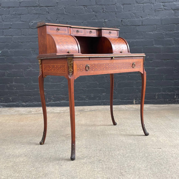 French Louis XV Antique Carved Writing Desk with Inlay & Bronze Ormolu, c.1940’s