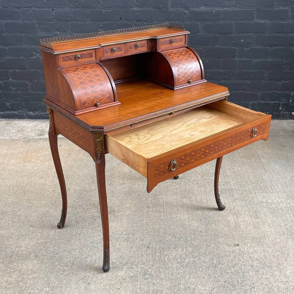 French Louis XV Antique Carved Writing Desk with Inlay & Bronze Ormolu, c.1940’s