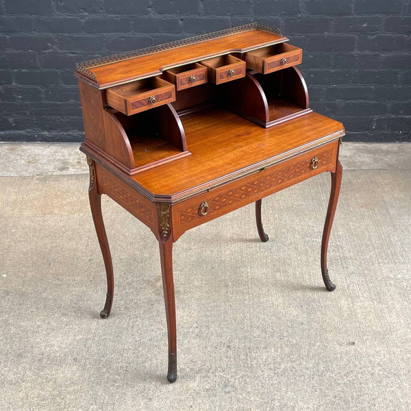 French Louis XV Antique Carved Writing Desk with Inlay & Bronze Ormolu, c.1940’s