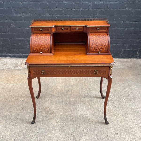 French Louis XV Antique Carved Writing Desk with Inlay & Bronze Ormolu, c.1940’s