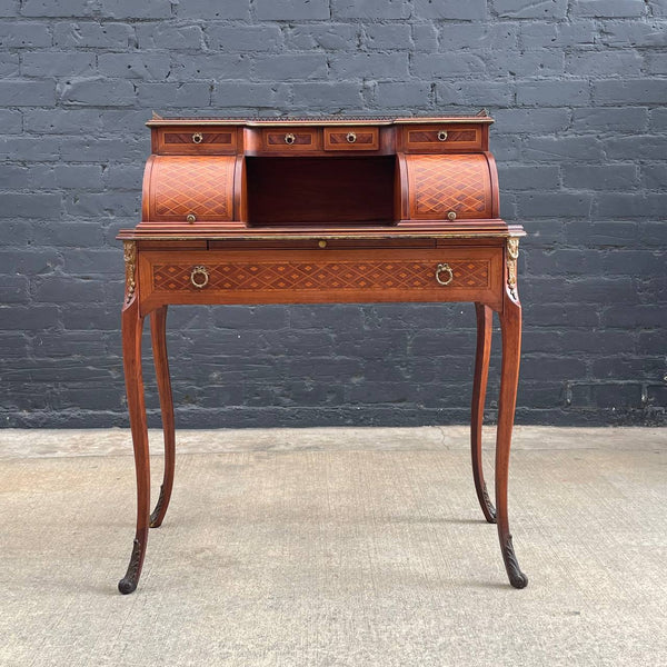 French Louis XV Antique Carved Writing Desk with Inlay & Bronze Ormolu, c.1940’s