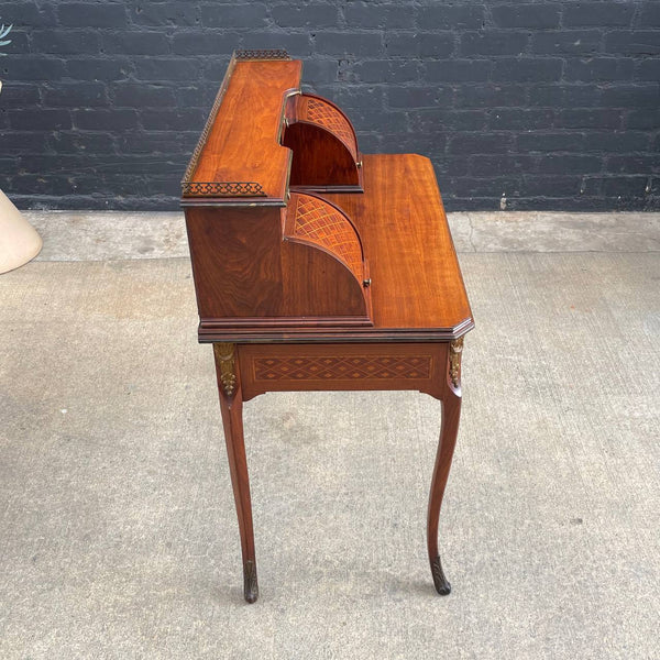 French Louis XV Antique Carved Writing Desk with Inlay & Bronze Ormolu, c.1940’s