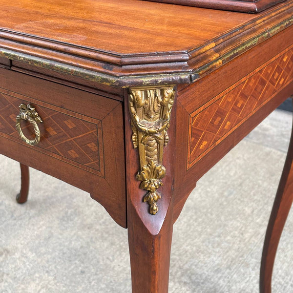 French Louis XV Antique Carved Writing Desk with Inlay & Bronze Ormolu, c.1940’s