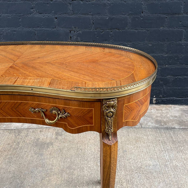 French Louis XV Antique Carved Kidney Style Desk with Inlay & Bronze Ormolu, c.1950’s