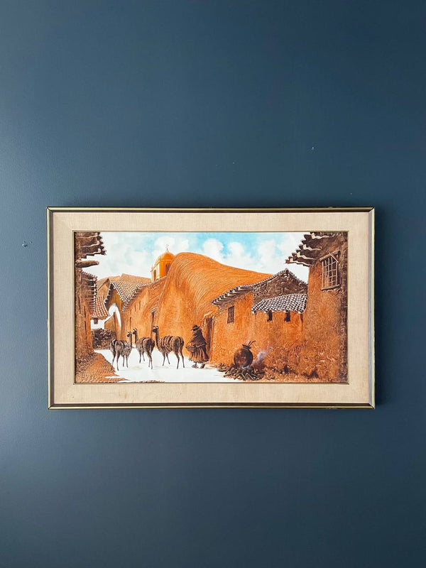 Vintage Llamas in Peruvian Village Oil Painting with Brass Accent Frame, c.1950’s