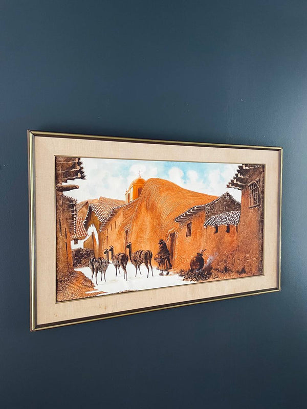 Vintage Llamas in Peruvian Village Oil Painting with Brass Accent Frame, c.1950’s