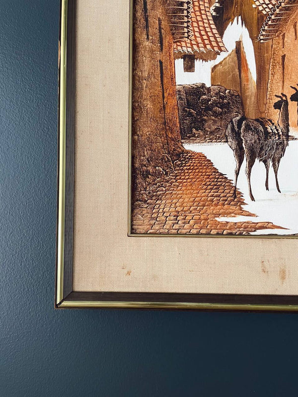 Vintage Llamas in Peruvian Village Oil Painting with Brass Accent Frame, c.1950’s