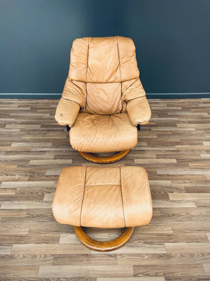 Ekornes Stressless Tan Leather Reclining Swivel Lounge Chair with Ottoman