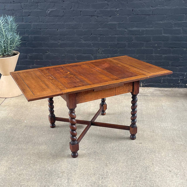 English Antique Oak Expanding Draw Leaf Dining Table, 1940’s