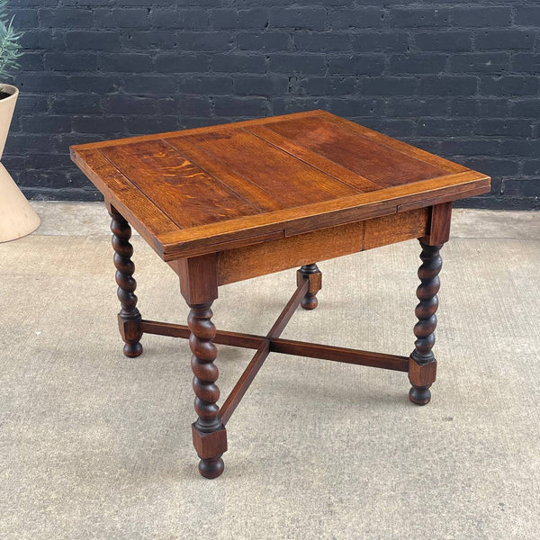 English Antique Oak Expanding Draw Leaf Dining Table, 1940’s