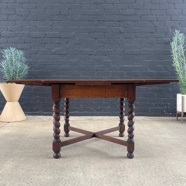 English Antique Oak Expanding Draw Leaf Dining Table, 1940’s