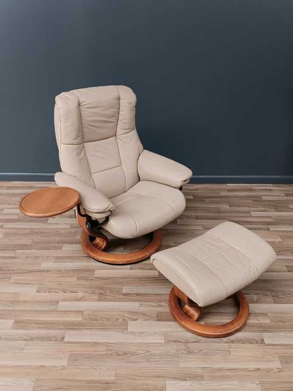 Ekornes Stressless Tan Leather Reclining Swivel Lounge Chair with End Table & Ottoman