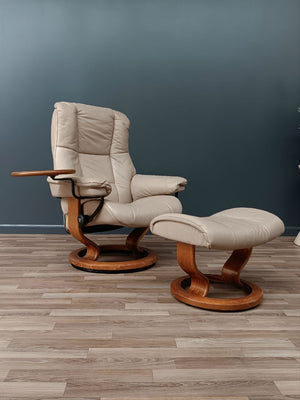 Ekornes Stressless Tan Leather Reclining Swivel Lounge Chair with End Table & Ottoman