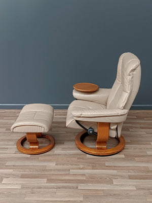 Ekornes Stressless Tan Leather Reclining Swivel Lounge Chair with End Table & Ottoman
