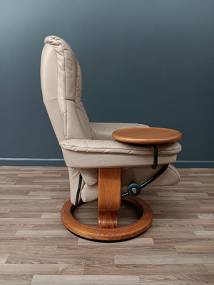 Ekornes Stressless Tan Leather Reclining Swivel Lounge Chair with End Table & Ottoman