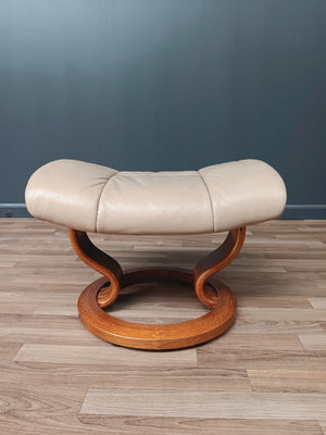 Ekornes Stressless Tan Leather Reclining Swivel Lounge Chair with End Table & Ottoman