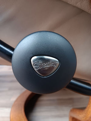 Ekornes Stressless Tan Leather Reclining Swivel Lounge Chair with End Table & Ottoman