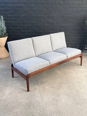 Mid-Century Modern Sculpted Walnut & New Tweed Fabric Sofa, c.1960’s