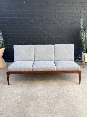 Mid-Century Modern Sculpted Walnut & New Tweed Fabric Sofa, c.1960’s