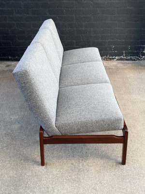 Mid-Century Modern Sculpted Walnut & New Tweed Fabric Sofa, c.1960’s