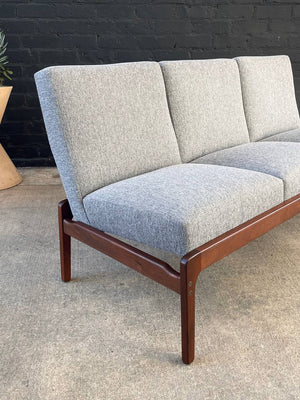Mid-Century Modern Sculpted Walnut & New Tweed Fabric Sofa, c.1960’s