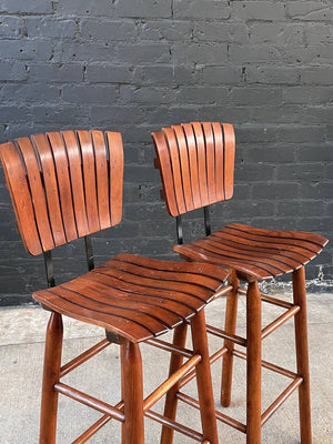 Pair of Mid-Century Modern Sculpted Slatted Walnut & Iron Bar Stools, c.1960’s