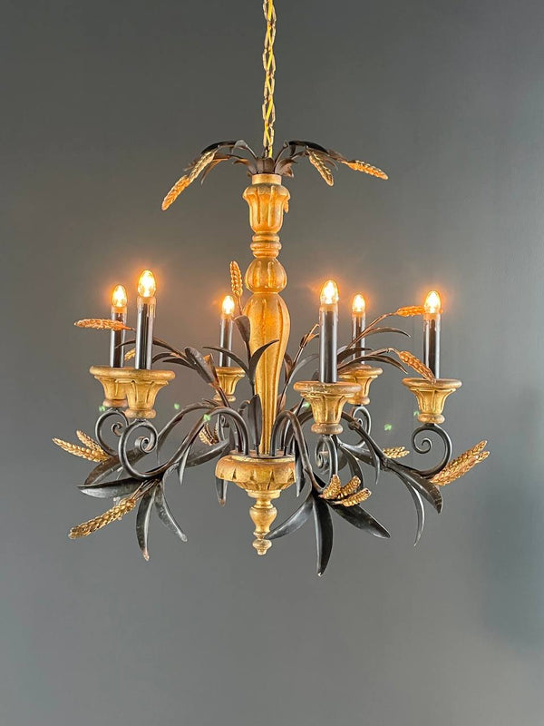 Vintage Italian Sheaf of Wheat Carved Wood Chandelier, c.1960’s