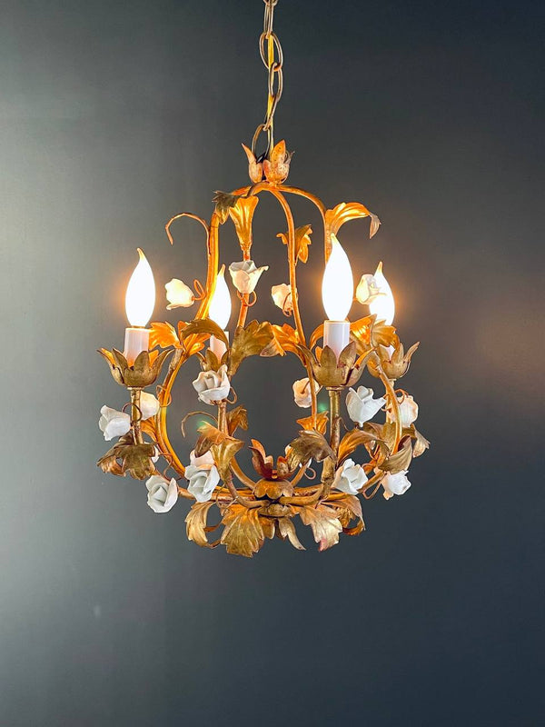 Vintage Italian Gold-Leafed Tole Chandelier With Porcelain Roses, c.1960’s