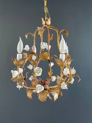 Vintage Italian Gold-Leafed Tole Chandelier With Porcelain Roses, c.1960’s