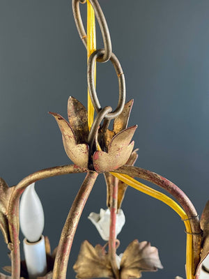 Vintage Italian Gold-Leafed Tole Chandelier With Porcelain Roses, c.1960’s