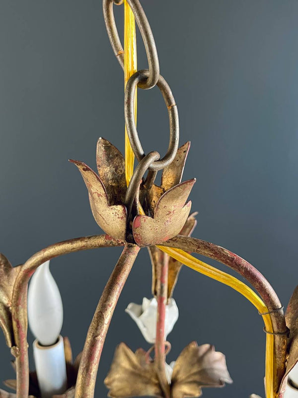 Vintage Italian Gold-Leafed Tole Chandelier With Porcelain Roses, c.1960’s
