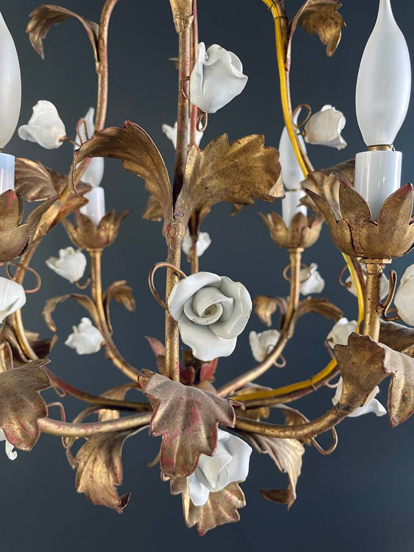Vintage Italian Gold-Leafed Tole Chandelier With Porcelain Roses, c.1960’s