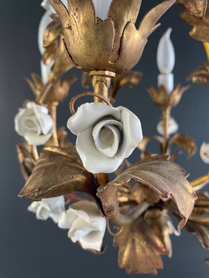 Vintage Italian Gold-Leafed Tole Chandelier With Porcelain Roses, c.1960’s